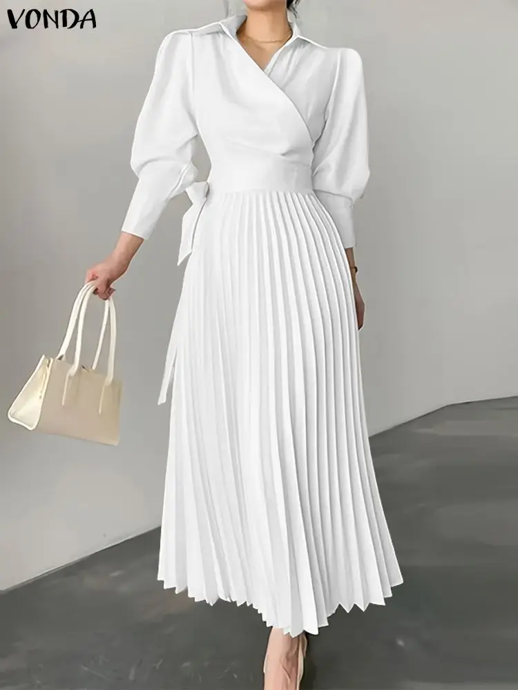 

Plus Size Women Dress 2025 VONDA Elegant Pleated Office Sundress Fashion Solid Lace-Up Vestidos Lapel Neck Casual Loose Robe