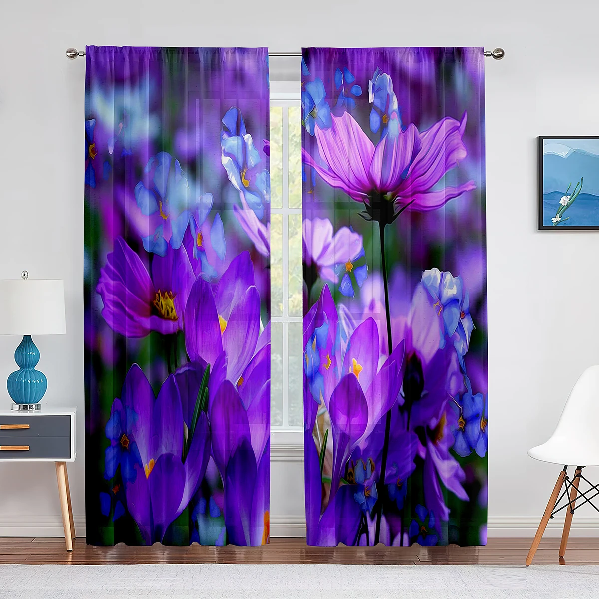 Spring Blooming Purple Flowers Sheer Voile Curtains for Kitchen Living Room Bedroom Decor Modern Tulle Curtain Window Treatment