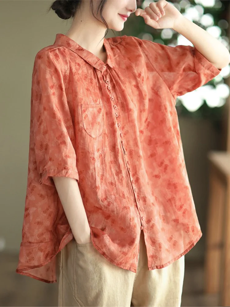 Sle giapponese da donna sottile ort Sve irt colletto in lino di cotone floreale retrò abbottonato vestibilità ampia estate casual irt