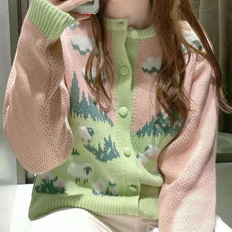 Cute Sheep Cartoon Knitted Cardigan Women Color Block O-Neck Cardigan Female Long Sleeved Knitted Loose Cardigan Autumn Winter