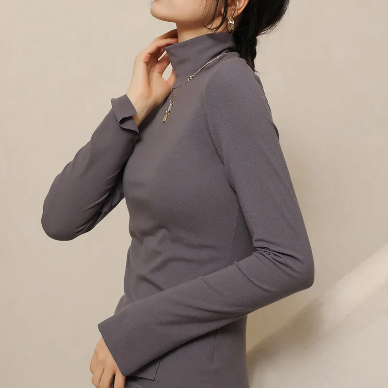 

QУтолщенная белая модальная универсальная базовая рубашка с высоким воротом и длинными рукавами, женская осенне-зимняя внутренняя часть, стильная флисовая подкладка