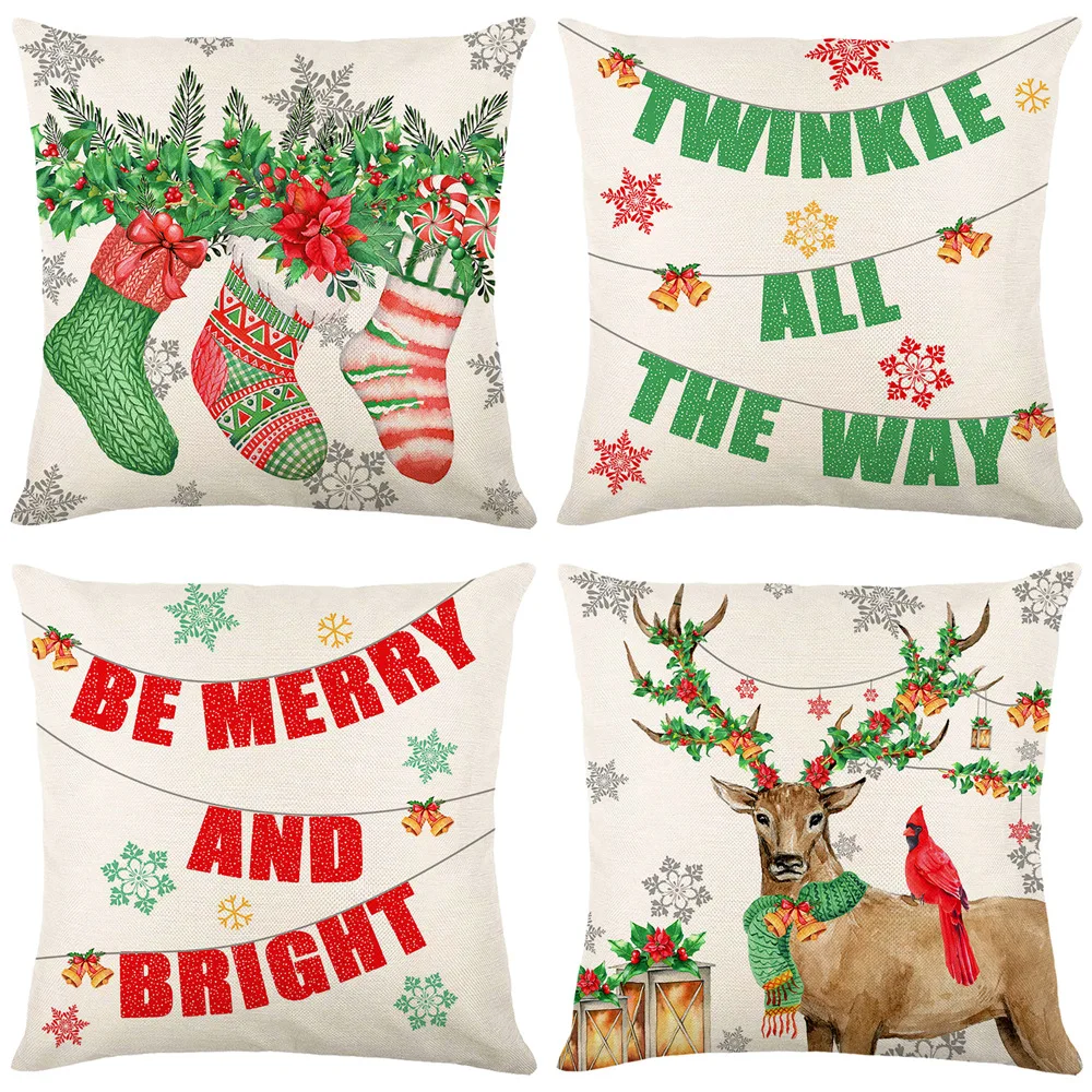 Linen Merry Christmas Pillow Cover 45x45cm Throw Pillowcase Winter Christmas Decorations for Home Tree Deer Sofa Cushion Cover
