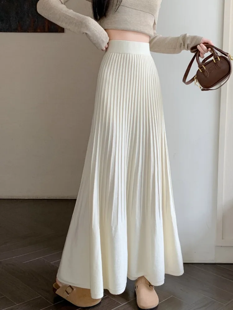 Knitted Fish Tail Skirt Women's Autumn Winter New Sle Elegant Drapey a Line Pleated Long Skirt High Waist Korean Sle Commute