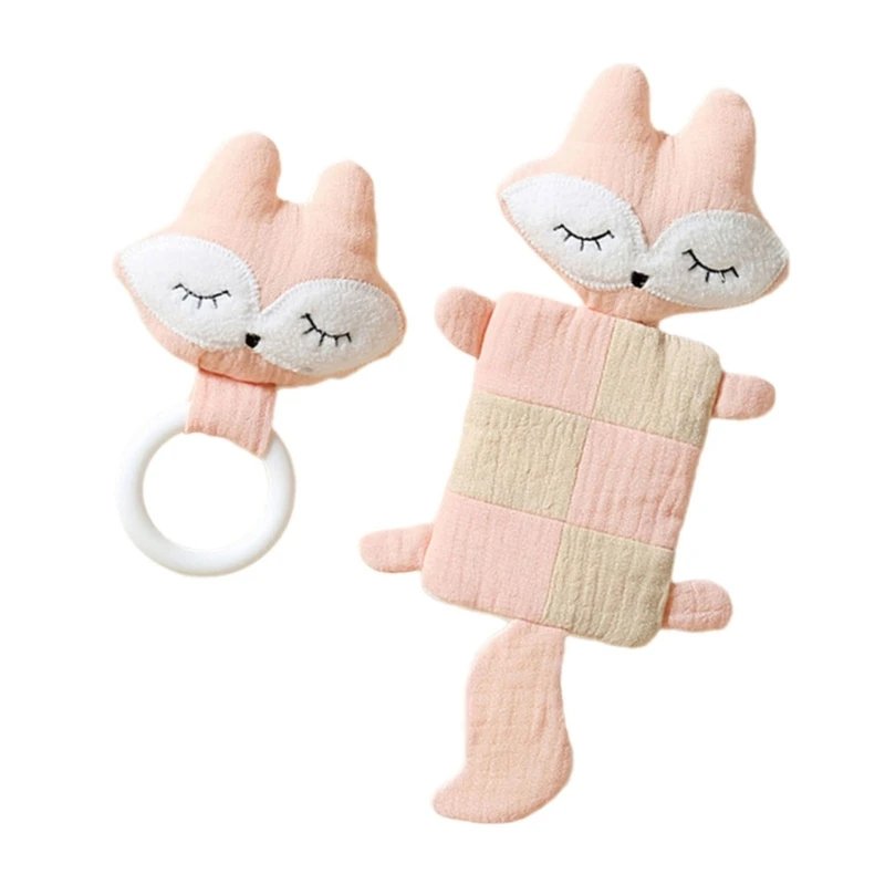 2Pcs Cosy Baby Soothing Towel & Lovely Rattle Set Cartoon Appease Towel W3JF