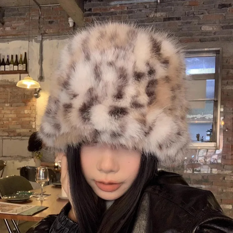 Faux Fur Leopard Bucket Hat for Women Winter Warm Hats Men Fisherman Cap Luxury Ear Protection Plush Panama for Girls