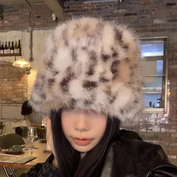 Faux Fur Leopard Bucket Hat for Women Winter Warm Hats Men Fisherman Cap Luxury Ear Protection Plush Panama for Girls