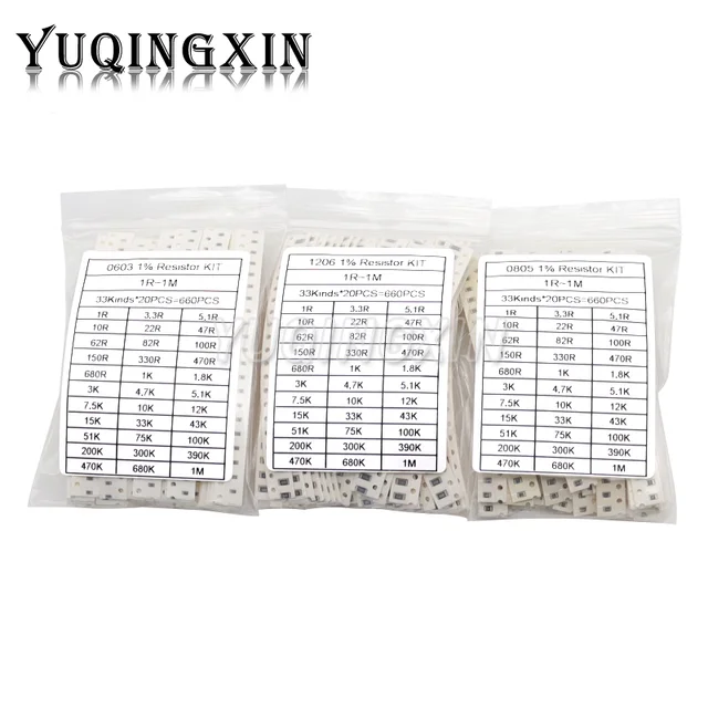 0402 0603 0805 1206 1210 2512 rezystor SMD wybrane elementy 10K 100K 1K 1R 100R 220R 1% 5% zestaw próbek