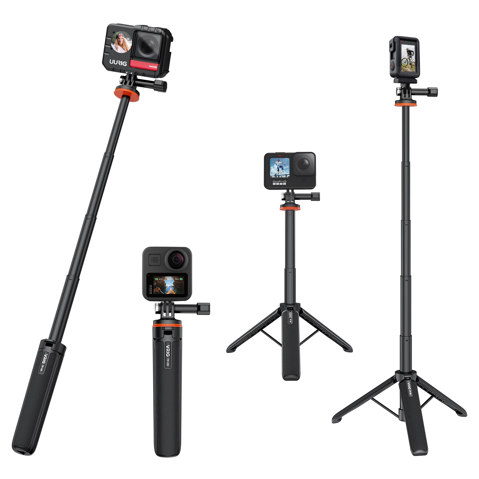 VRIG TP-08 Action Camera Selfie Stick Tripod Extendable Aluminum Pole 150g Lightweight Portable for GoPro Insta360 DJI Vlog