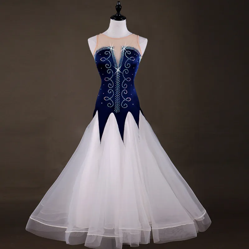 Mesh spliced sleeveless ballroom dance dress with scroll rhinestone decor,color‑contrast pointed full skirt,suitable for dance c