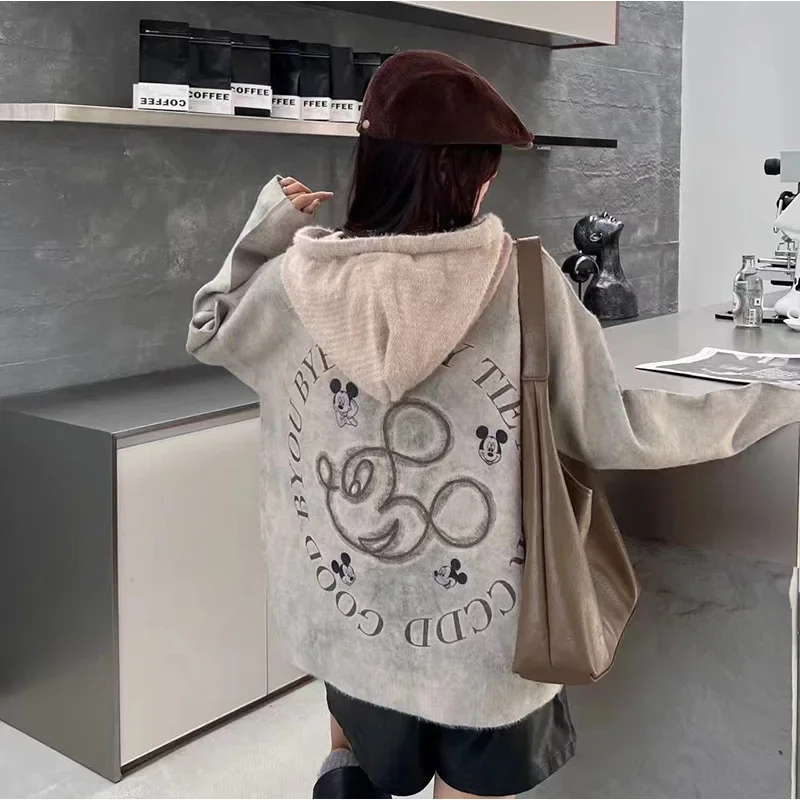 European Goods Cartoon Hooded Sweater Womens 2024 New Casual Pullover Loose Thickened Mink Fleece Knitted Top Autumn Winter