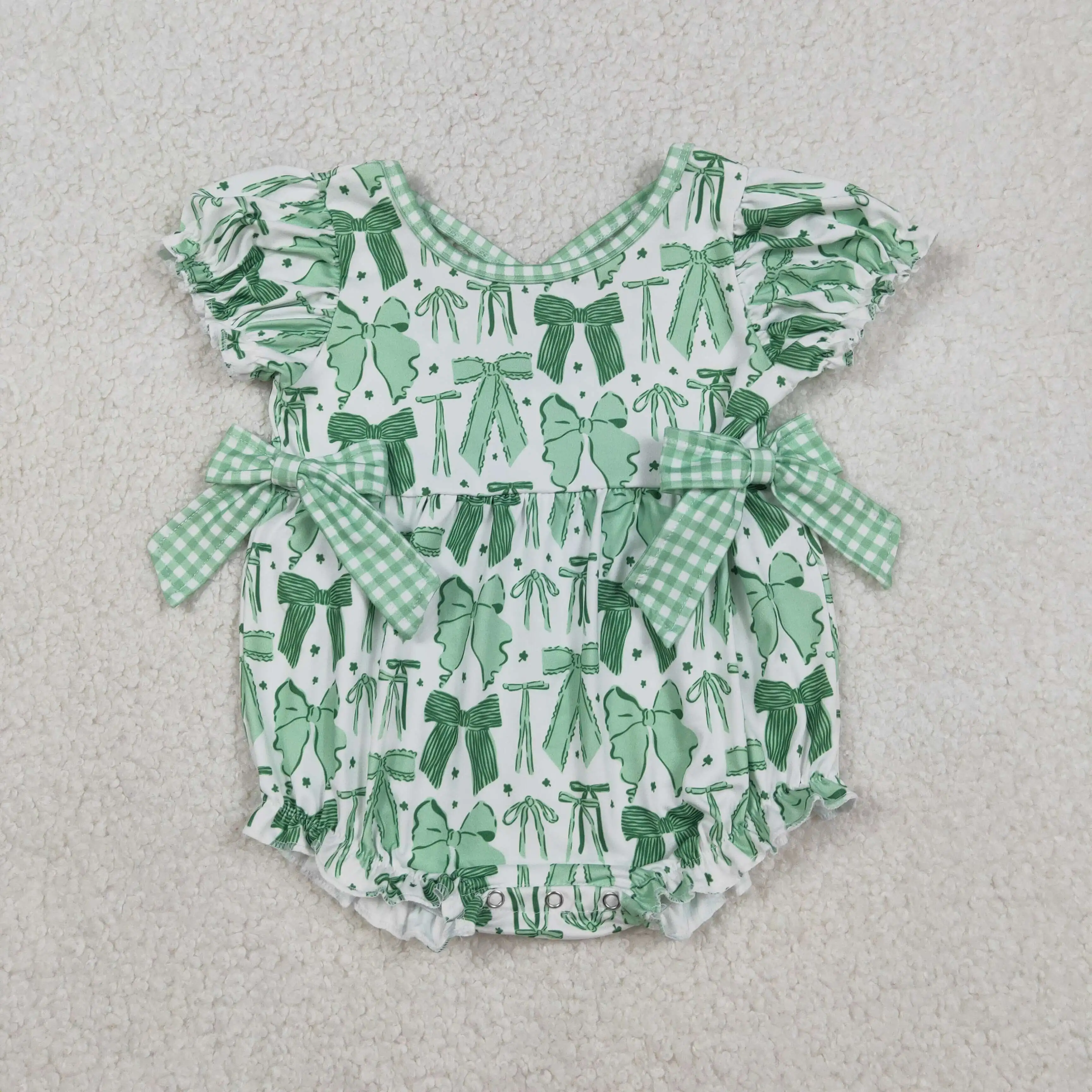 

X12.15 SR3305 Wholesale baby girl white short-sleeved rompers with four-leaf clover and bow patterns