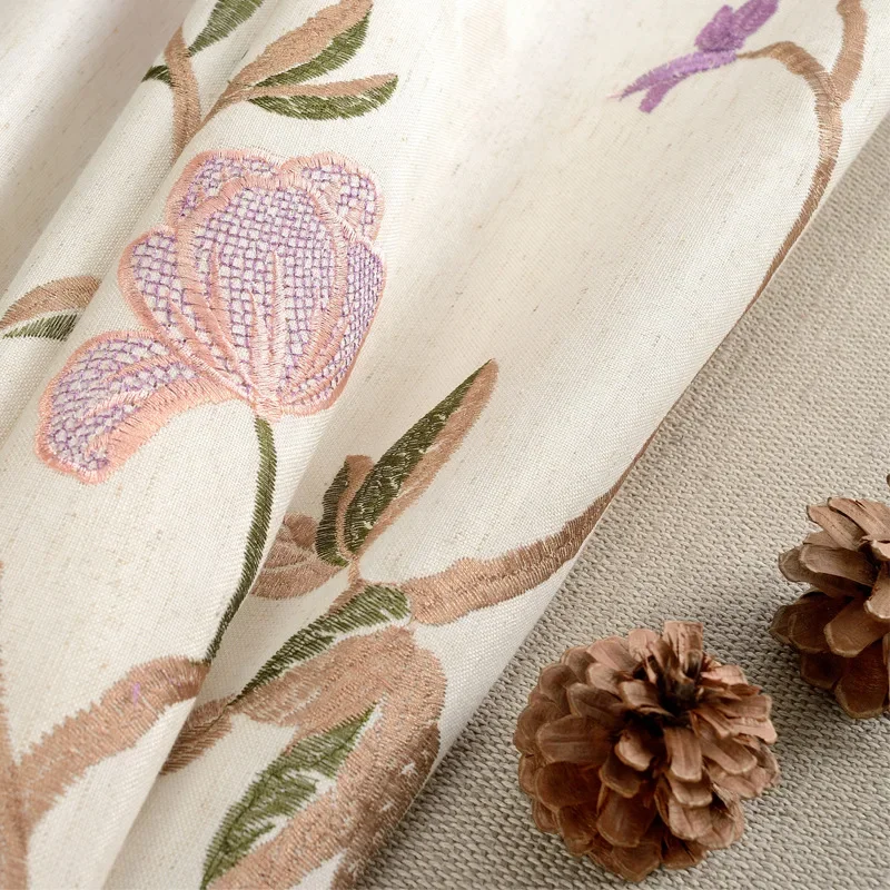 Modern Pastoral American Cotton Linen Embroidered Curtain for Bedroom Living Room Fabric Screen Window Decoration Soft Drapes