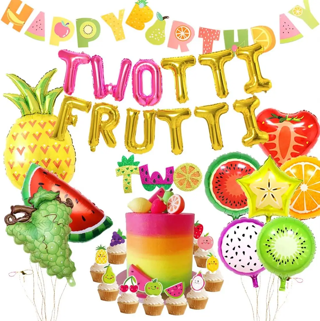 

Funmemoir Twotti Frutti 2nd Birthday Party Decoration Kit Fruit Balloons Two Cake Topper for Girls 2 Year Old Birthday Supplies