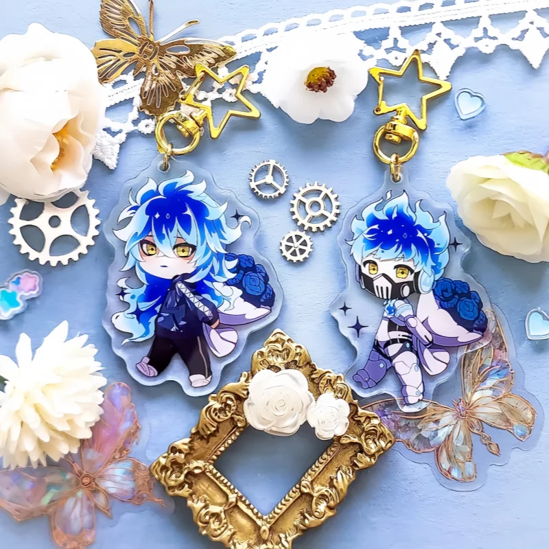 Dark Blue Acrylic Rose Keychain Twisted Wonderland Character TWST Design Unique Geometric Rose Keyring for Fans