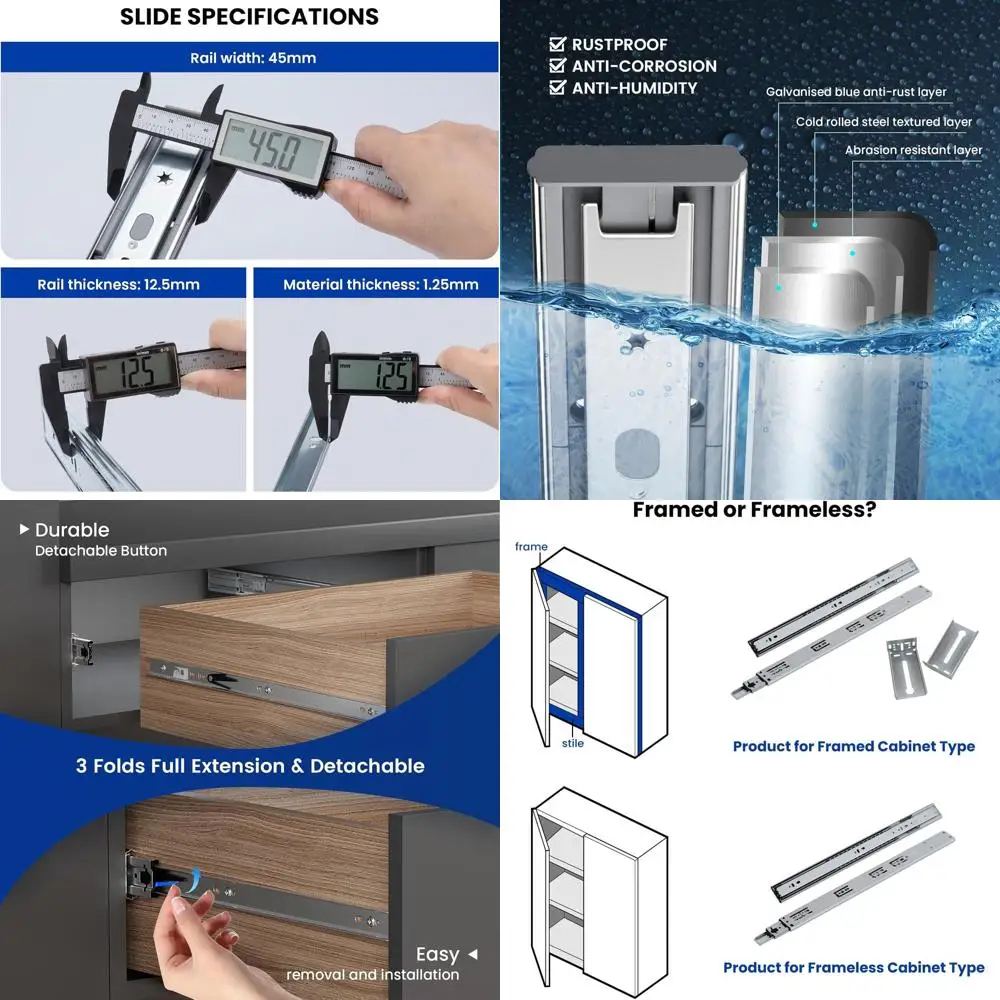 

22 усиленных направляющих для ящиков - грузоподъемность 100 фунтов, полный выдвижной ход, боковое крепление с шарикоподшипниками и винтами