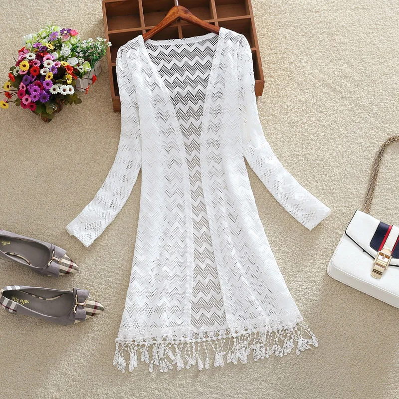 Women Slim Thin Sexy Lace See-through Jakcet Chaqueta Mujer New 2024 Summer Long Sleeve Hollow Tassels Midi Long Cardigan Women