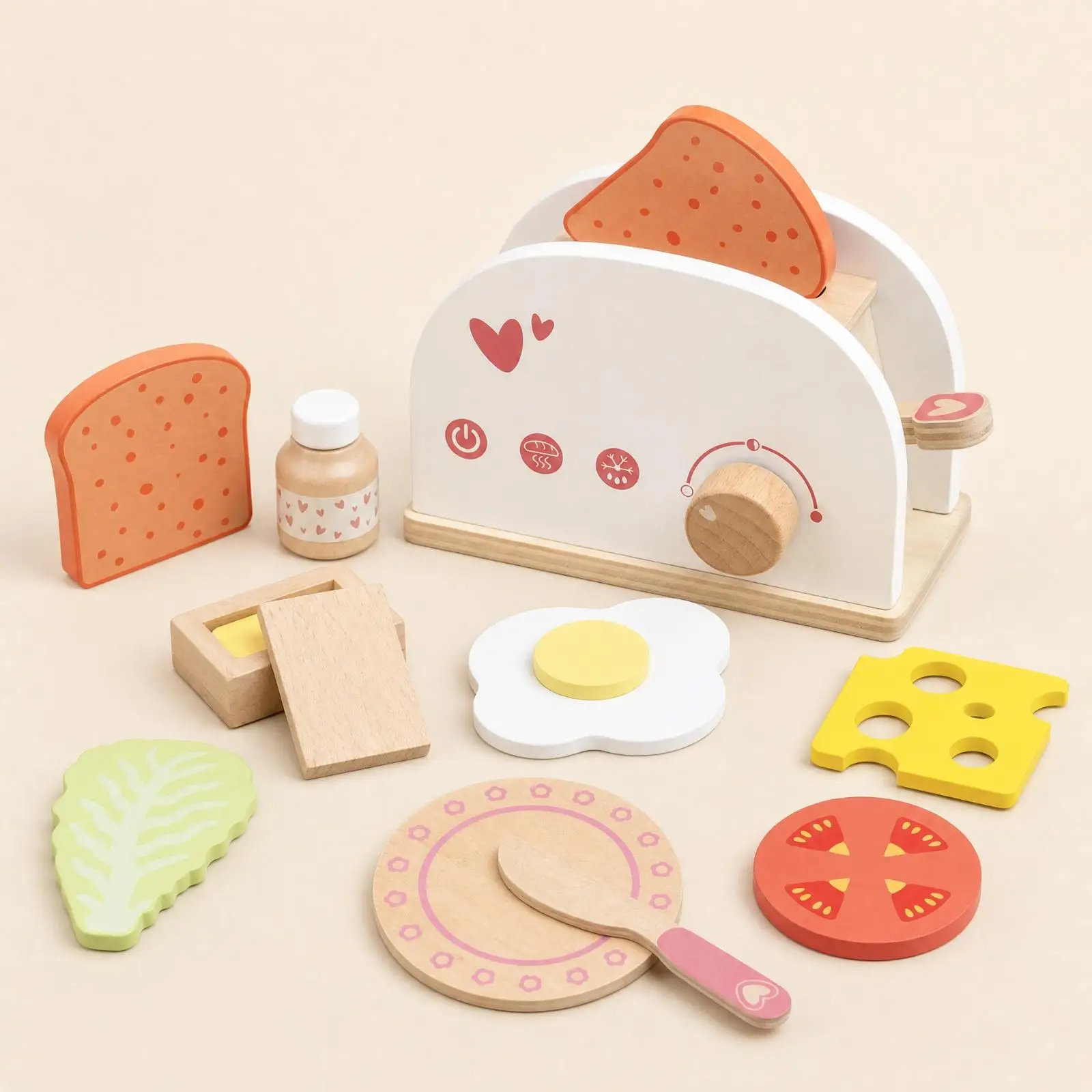 Wooden Toy Bread Machine for Kids Play Kitchen with Food Pieces Knife and Tray for Children Role Play