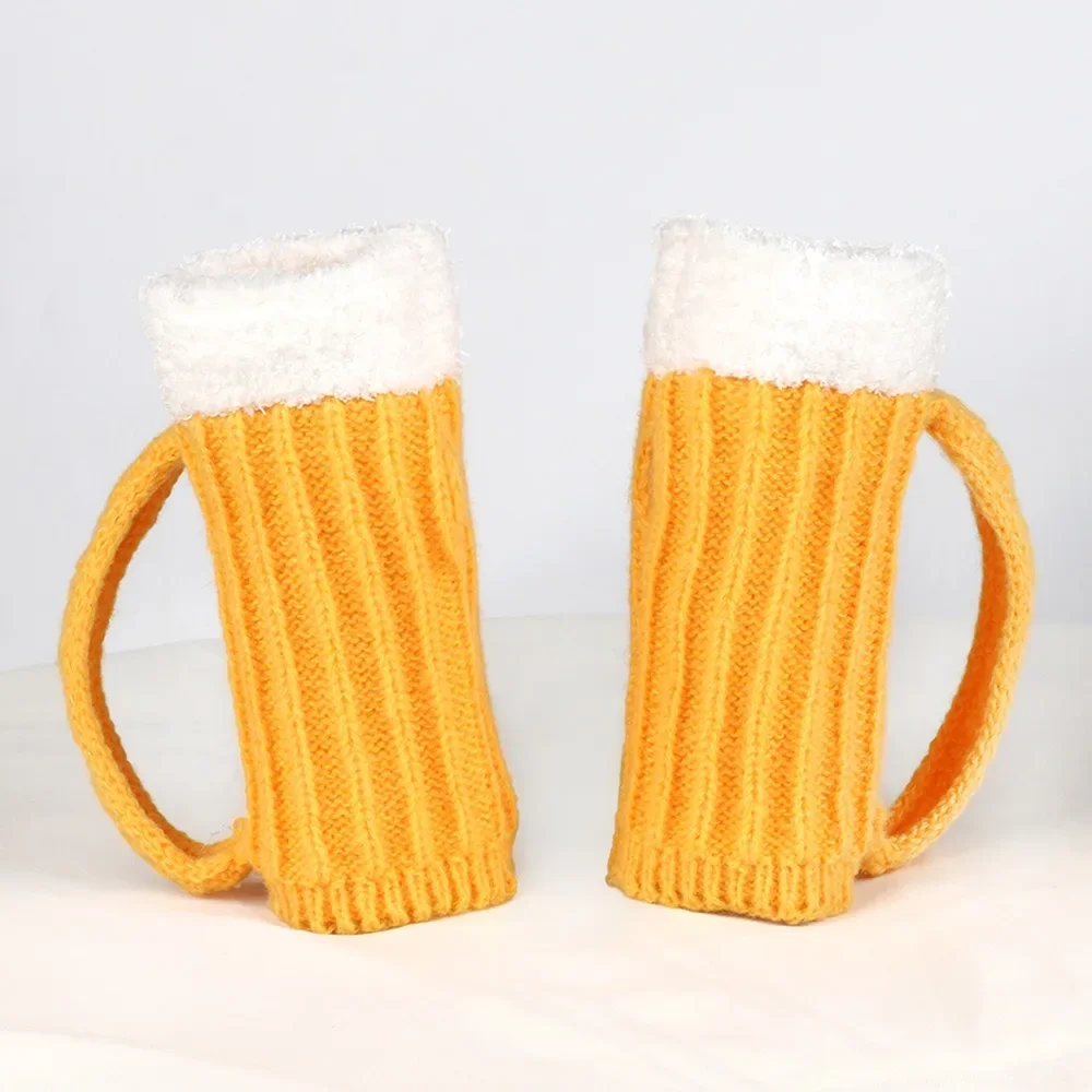 Cute Beer Cup Winter Autumn Wool 3D Beer Festival Men Women Innovative Design Half Finger Warm Soft Plush Knitted Yellow Gloves