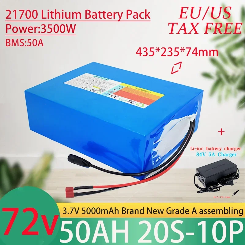 72V 50Ah 21700 20S10P Lithium Ion Battery Pack 3500W Power Tool Batteries Outdoor Backup Batteries With 40A BMS+84V 5A charger