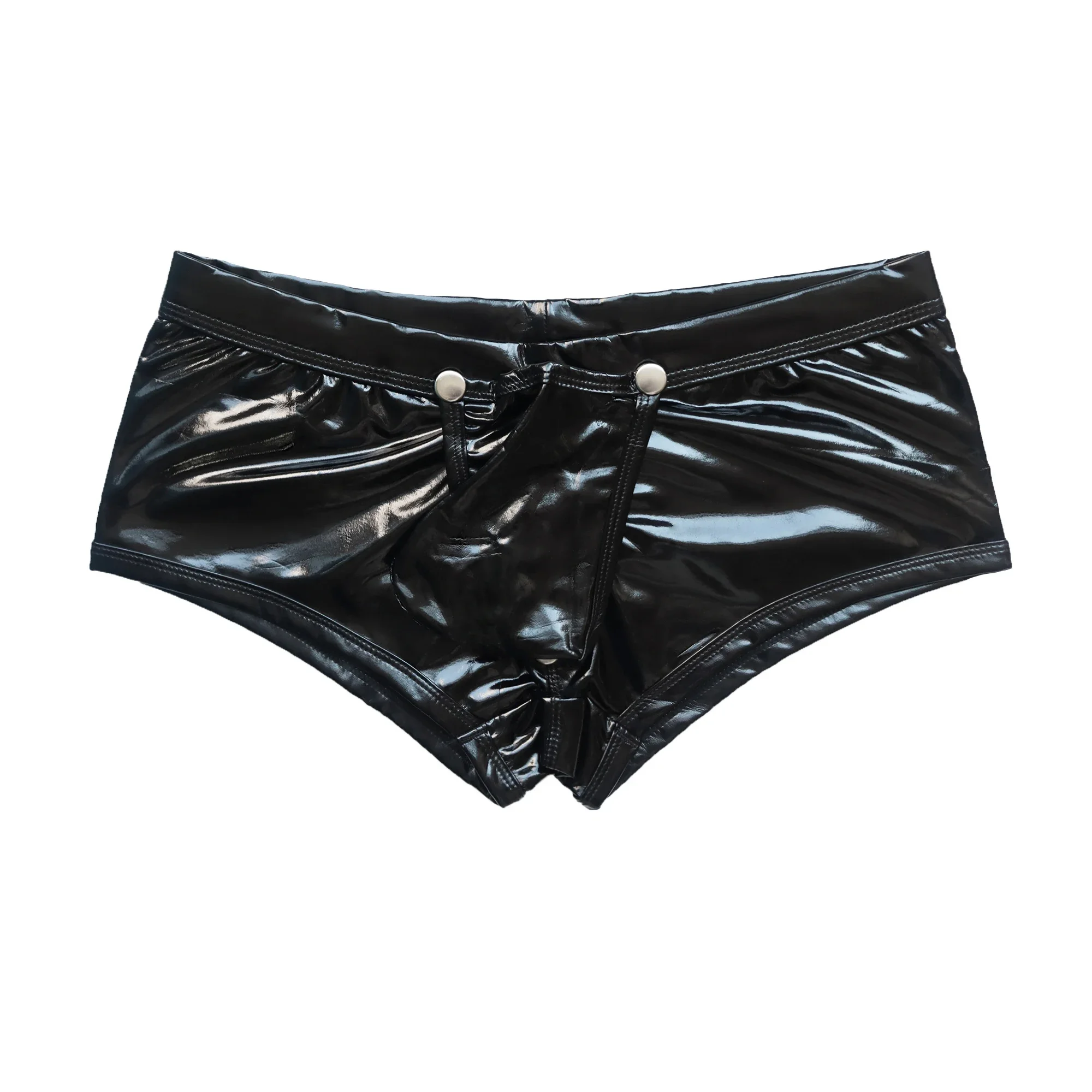 Sexy Men's Underwear Front Open Button-up Bulge Pouch Lingerie Underpants Black PU Leather Panties Shiny Wet Look Boxers Shorts