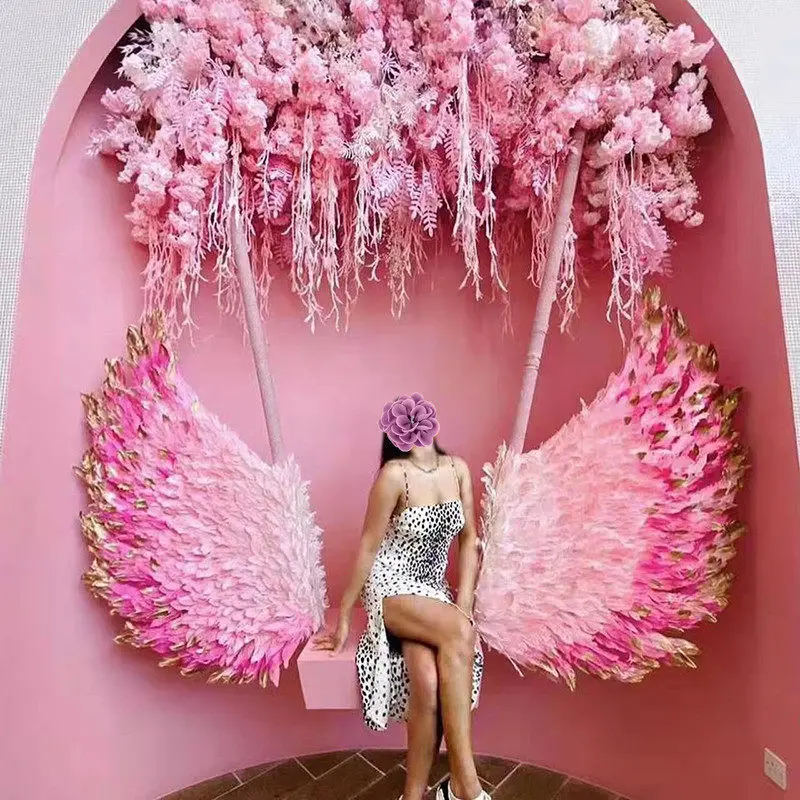 Pink Angel Feather Wings Set for Model Catwalk Fashion Show Photography Costumes Bar Nightclub Props Angelic Swings
