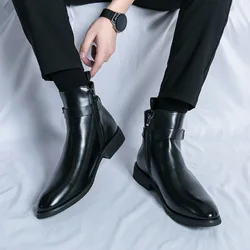 Men's Winter High-top Versatile Chelsea Boots Classic Soft and Comfortable Zippered Shoes Maximum Size 47 Black Leather Shoes