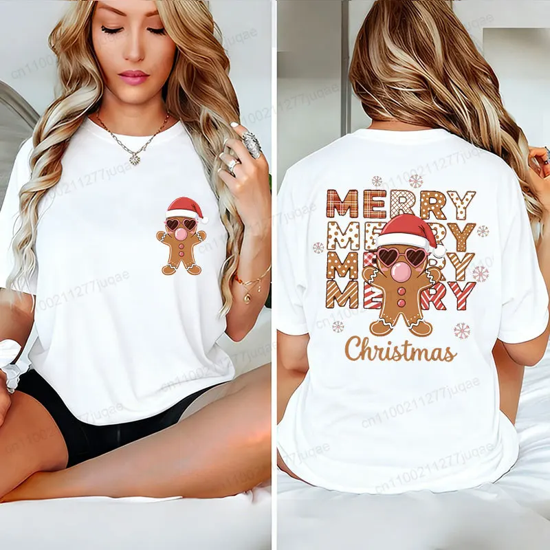 Weihnachts-T-Shirt für Damen, T-Shirt mit Lebkuchen-Motiv, T-Shirts mit beidseitigem Aufdruck, T-Shirts mit Weihnachtsmotiv, Weihnachts-Party-Outfit. – Detail 5