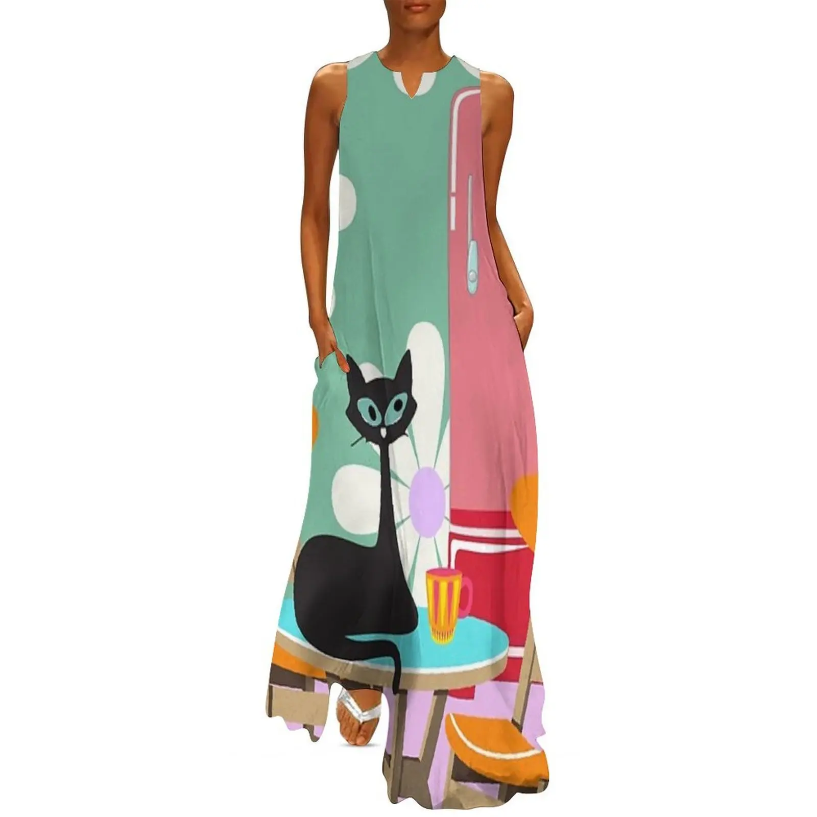 

Mid Century Cat Having Tea in His Retro Kitchen Long Dress evening dress women summer dresses ladies 2025