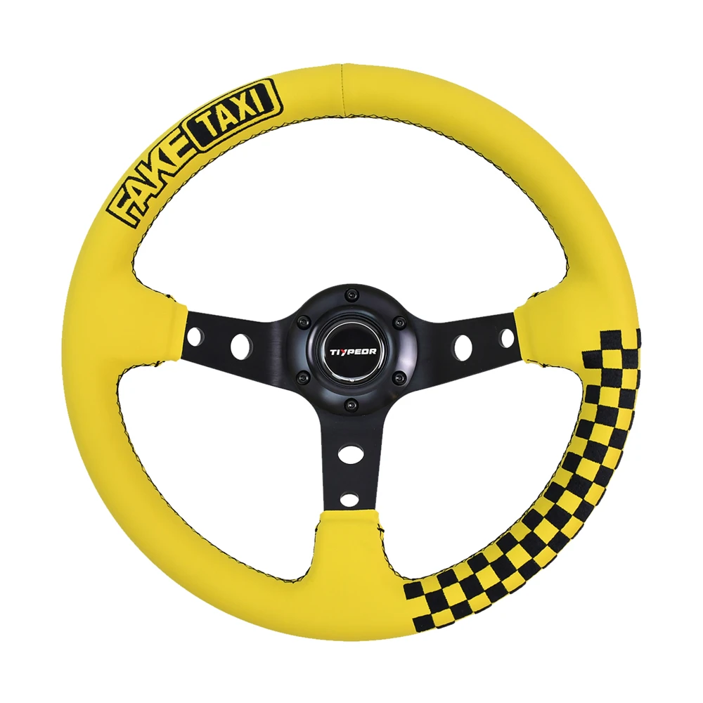

TIYPEOR 320mm Yellow Leather Car Steering Wheel Deep Concave Drift Racing Steering Wheel With Black Embroidered Stitch
