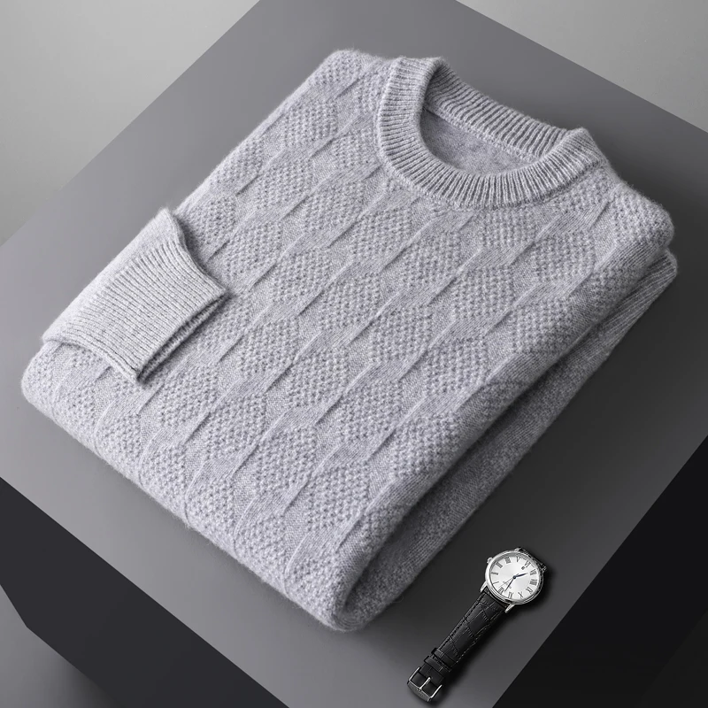 

Autumn and Winter Thick Knitted Sweater 100% Merino Wool Men's Round Neck Pullover Casual Warm Long Sleeved Men's Base Sweater
