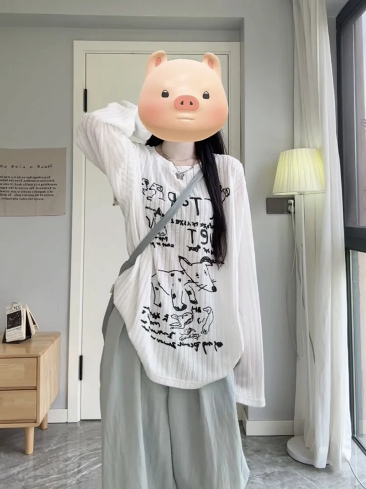 Koreanische Sle fiti Print Lose Fit Leichte Lange Sve Gestrickte Top frauen Sommer Sonnenschutz T-shirt Casual Faul S...