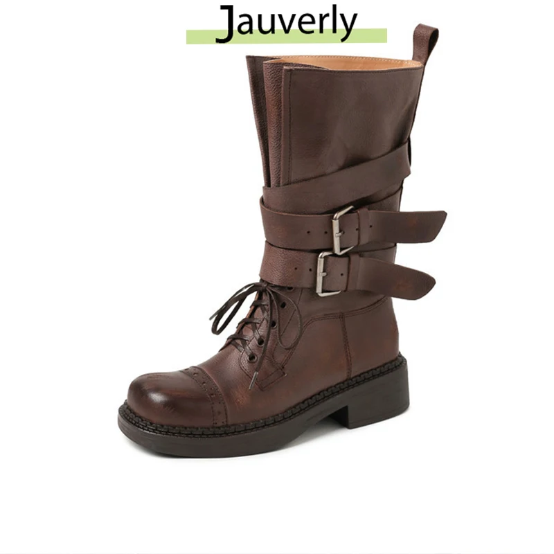 2025 Retro Women's Boots Mid-heel Summer Western Cowboy Boots Thick-soled Mid-tube Desert Pile Fashion Leather Boots Autumn