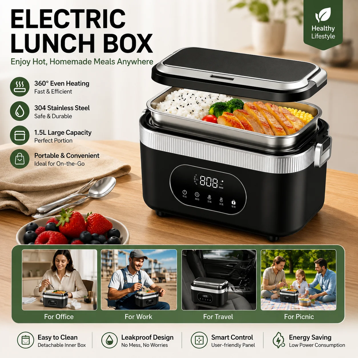 Gison  Cordless Electric Lunch Box 1.5L 18000mAh Rechargeable Heated Lunch Box Food Warmer Self Heating Insulated Lunch Box