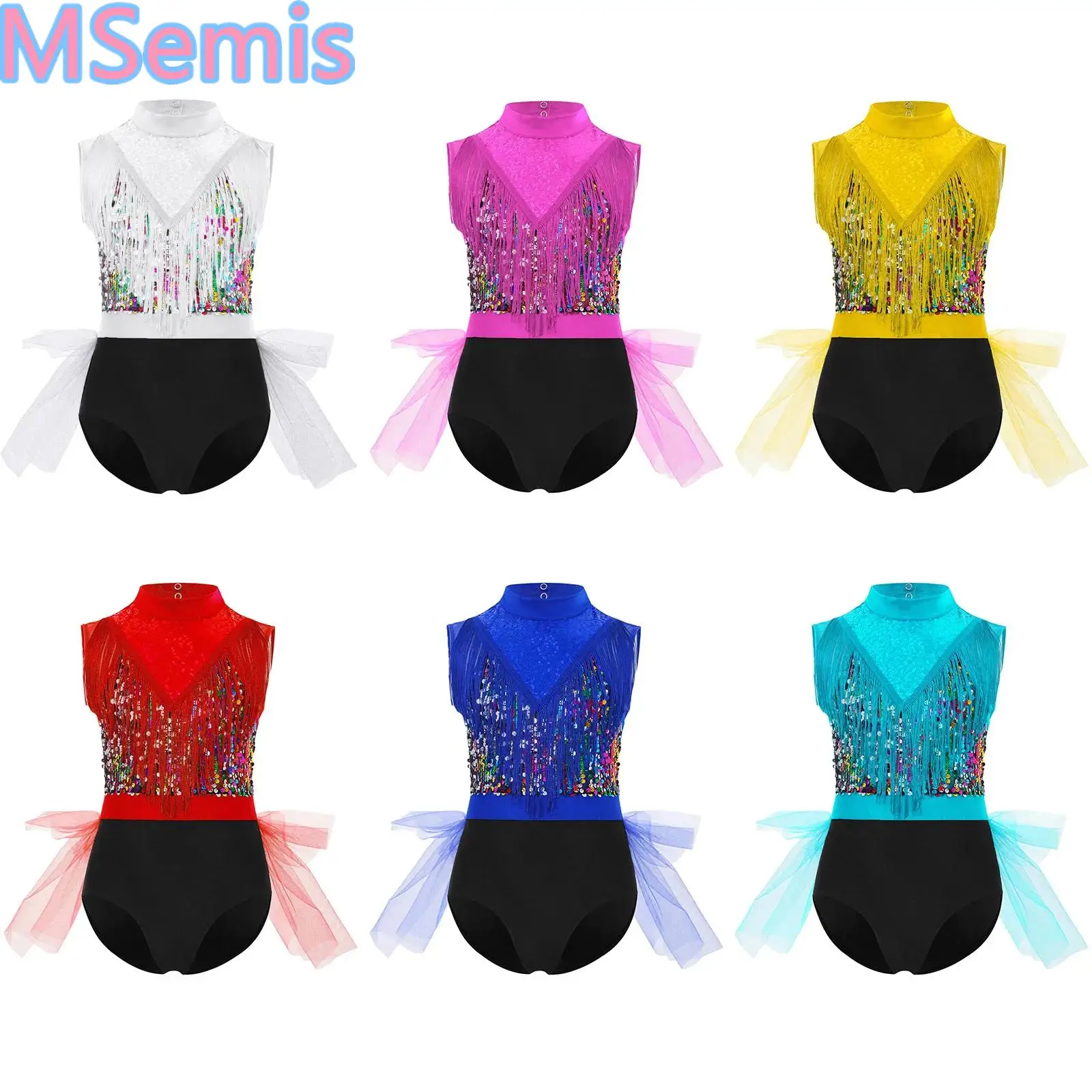 

Girls Ballet Dance Leotard Sleeveless Cutout Back Sequin Tassels Gymnastics Tutu Skirt Latin Dance Dress Figure Skating Bodysuit