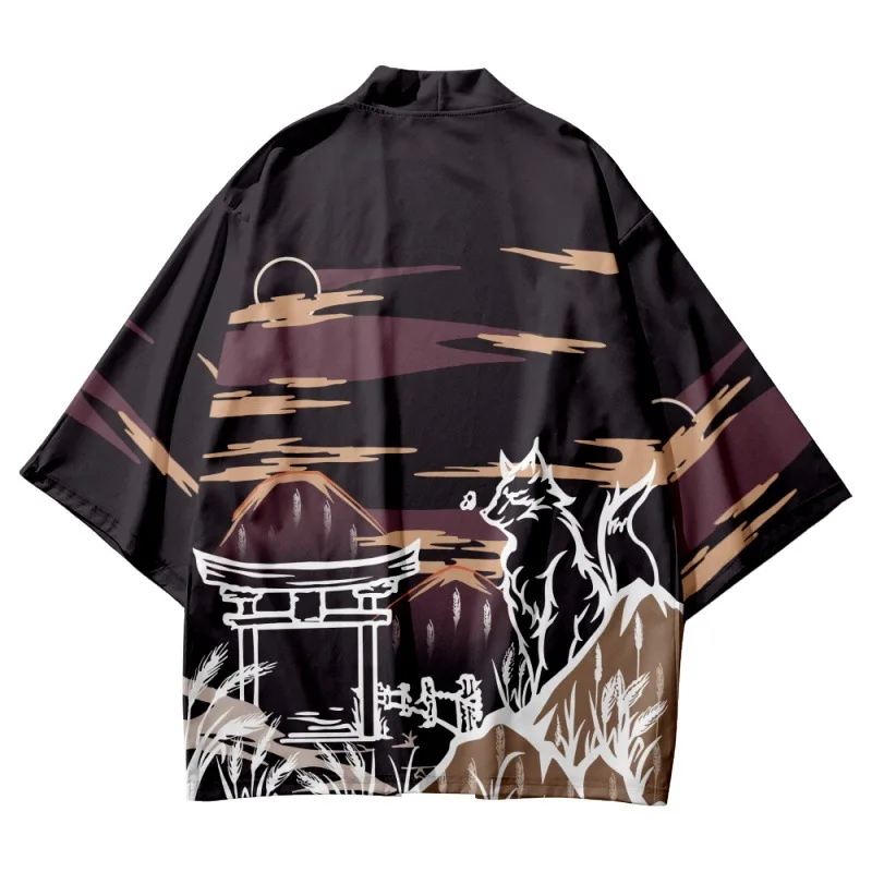Summer Anime Fox Print Shirts Loose Traditional Kimono Men Women Yukata Japanese Cardigan Cosplay Haori Clothing