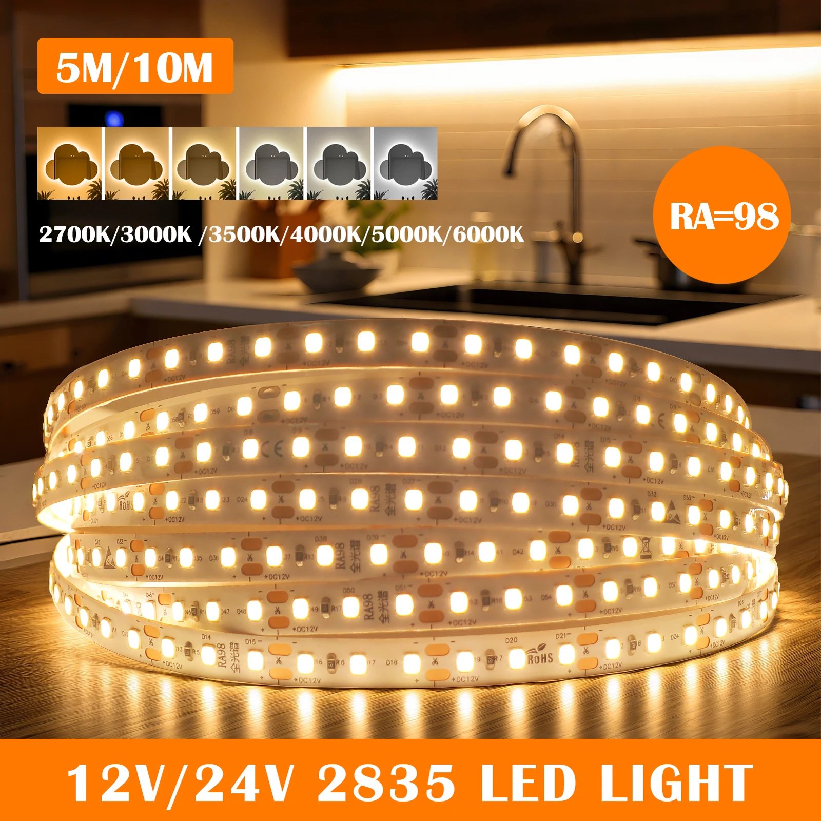 RA98 LED bande 24V 12V 8MM PCB spectre complet 2700K 3000K 3500K 4000K 5000K 6000K sans scintillement 2835 120Led/M ruban lumineux