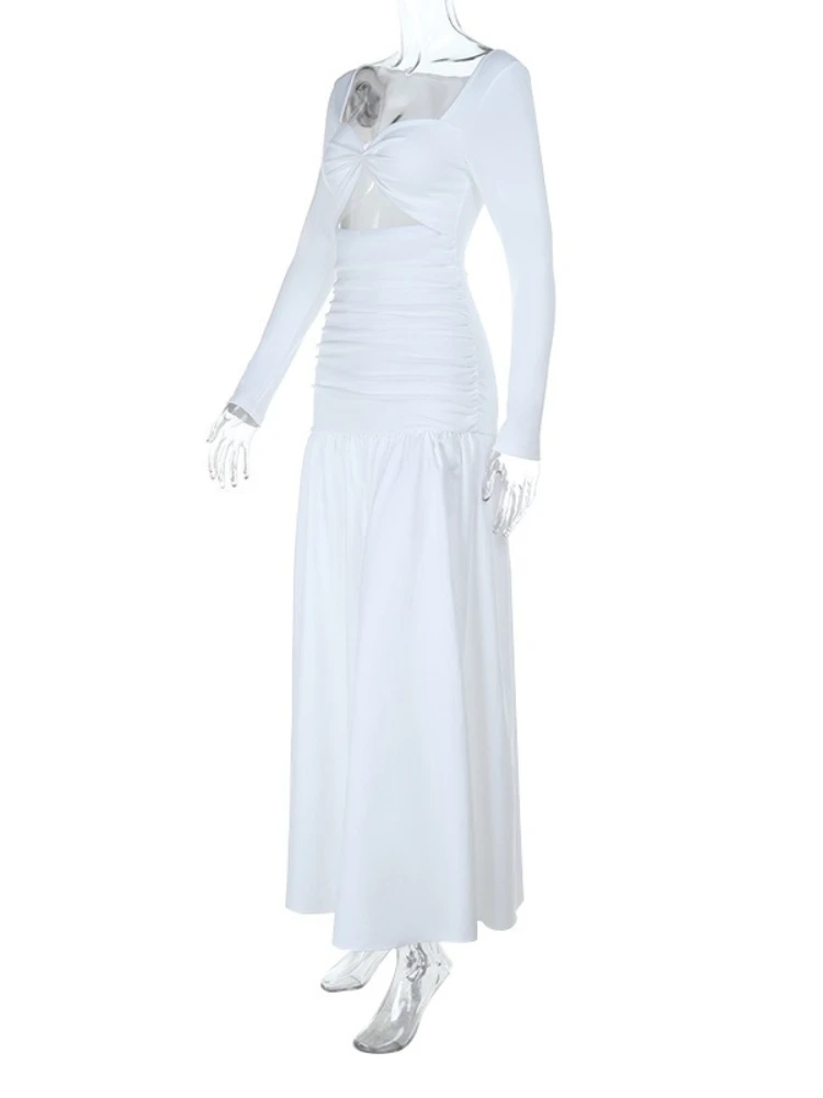 Foamlina 2025 Fall Fashion Solid Lange Mouw Jurk Vrouwen Elegante V-hals Cut-out Slanke Hoge Taille Plooien Holiday Party maxi Jurk