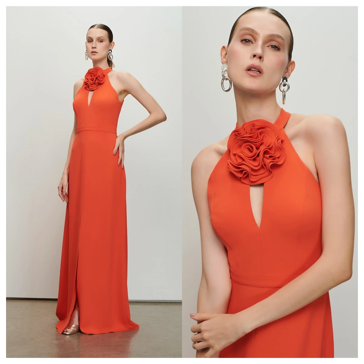 

Customized Classic Orange Jersey Evening Dress Halter Party Dress Temperament Flowers Special Occasion Gowns Delicate Soft