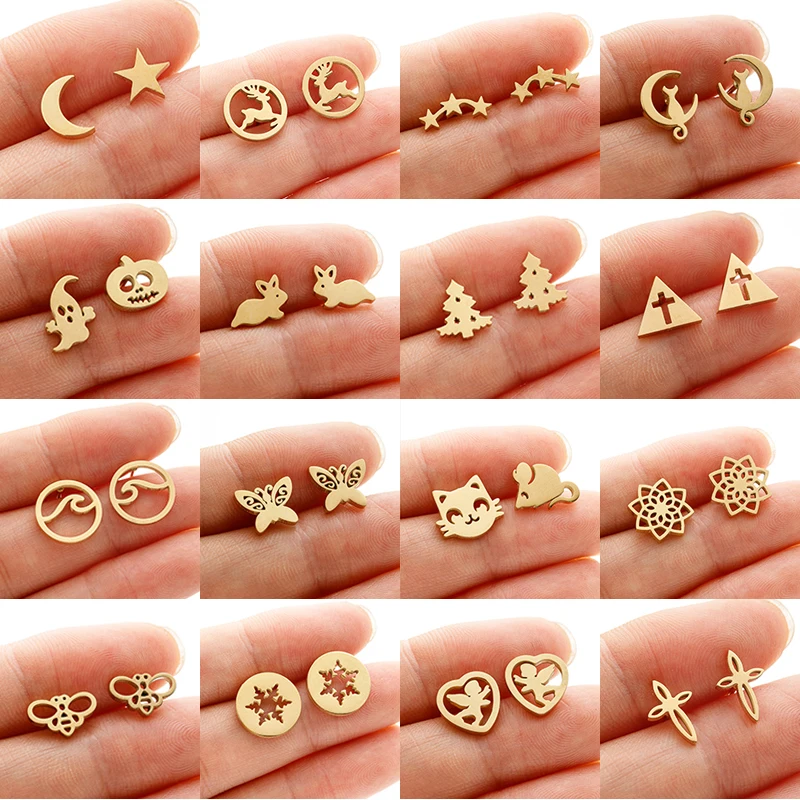 Golden Stainless Steel Mini Stud Earrings Women Cute Bunny Cat Mouse Butterfly Animal Earings Fashion Jewelry Cross Mandala Stud