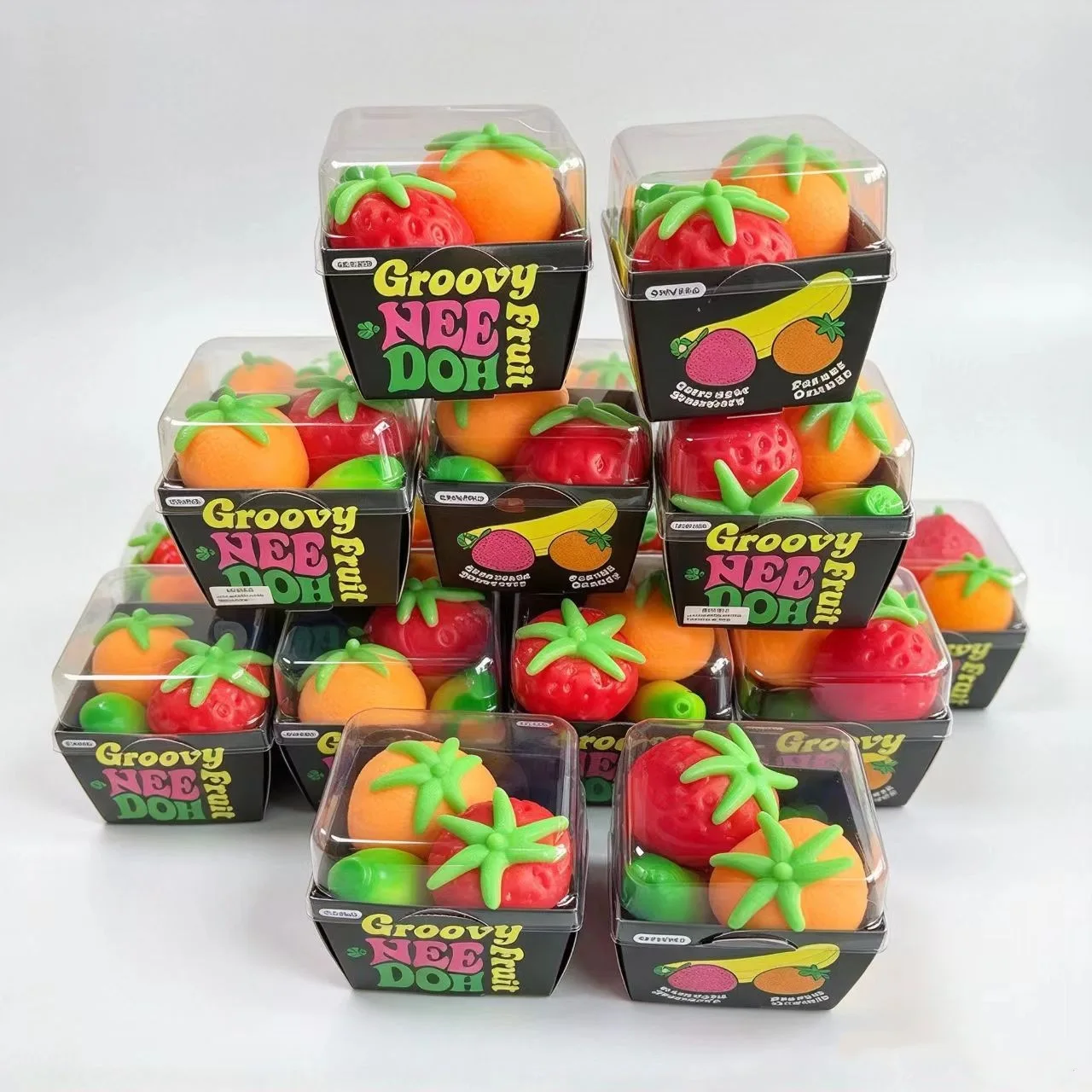needoh  Fruit Shape Squishy Fidget Toy Set, 3Pcs Simulation Fruit Stress Relief Squeeze Toys with Box