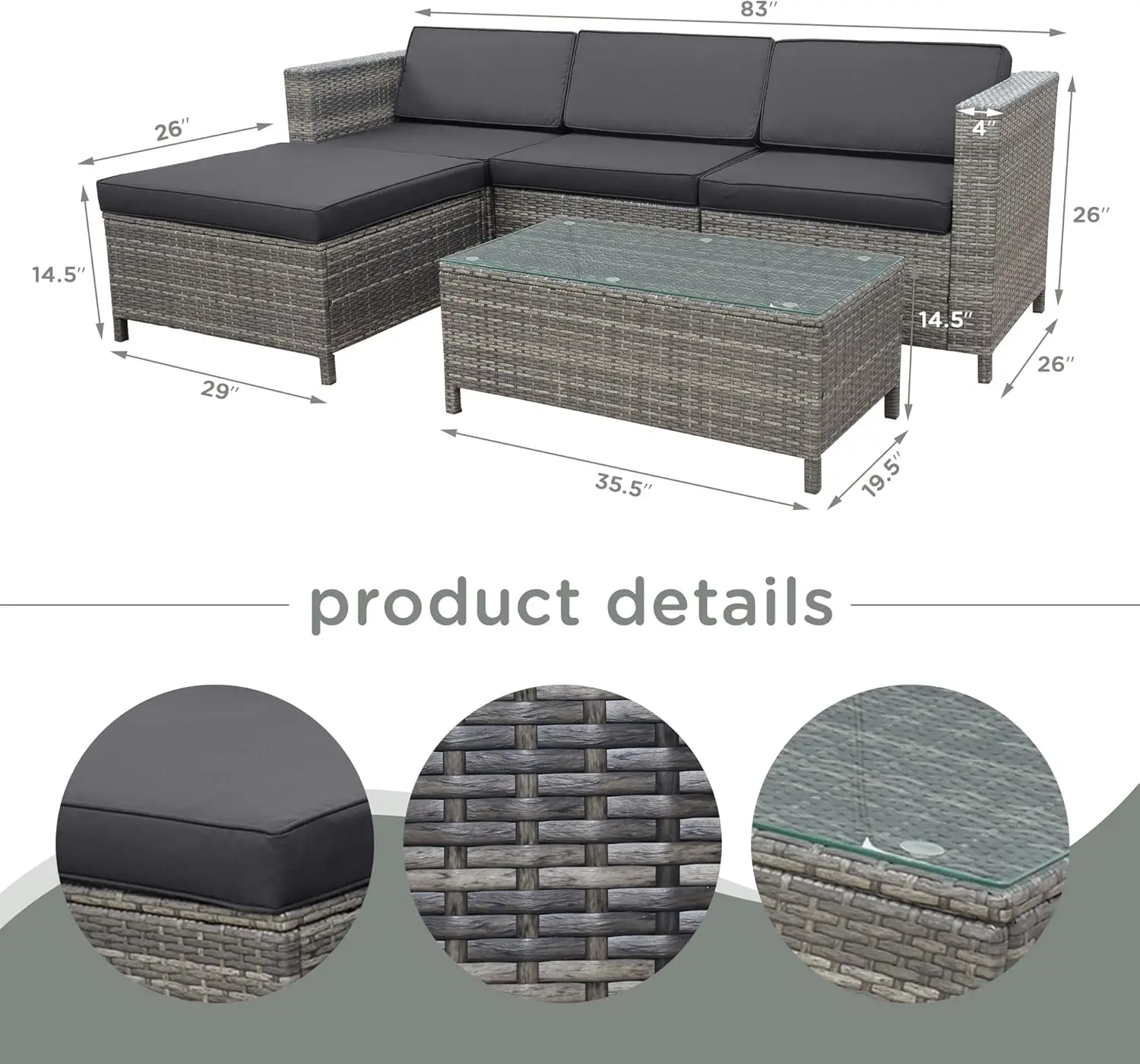 5 Pieces Patio Furniture Sets All Weather Outdoor Sectional Sofa Manual Weaving Wicker Rattan