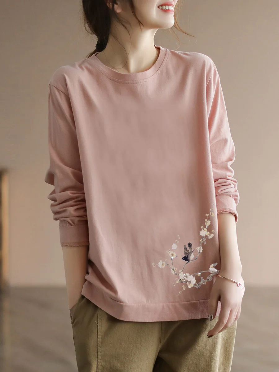 

Loose Fit Pure Cotton Long Sleeve T-Shirt Women's Spring Autumn Winter New Style Slimming Pink Large Size Inner Wear Top