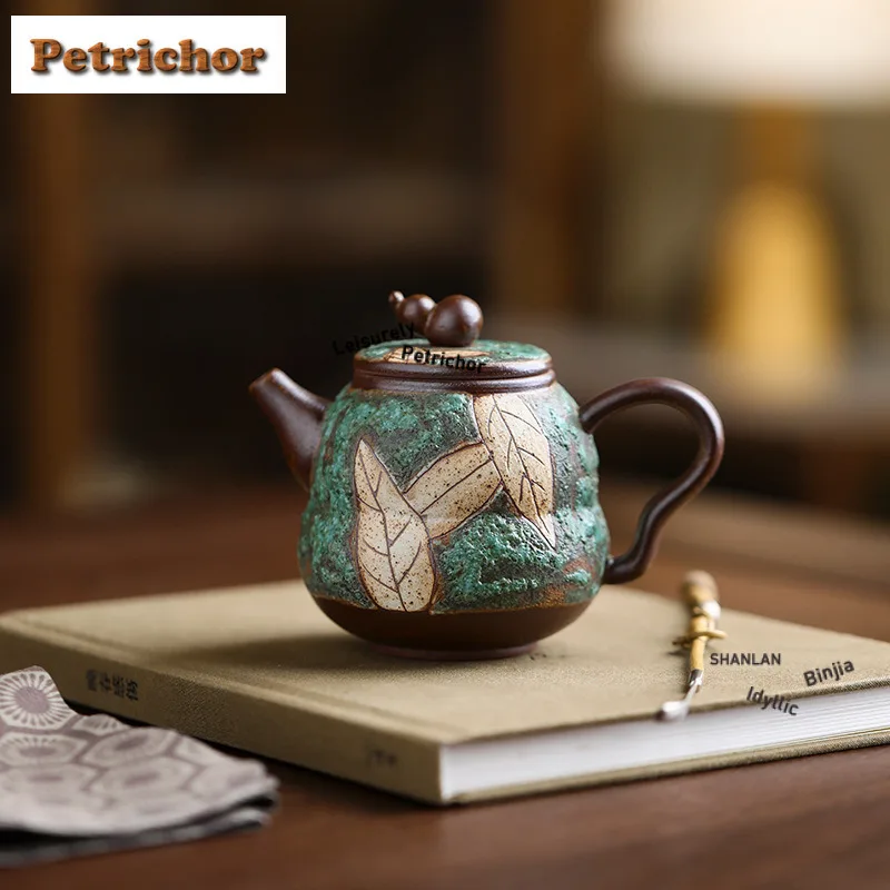 180ml Turquoise Carved Old Rock Clay Gourd Teapot Traditional Tea Infuser Pot Tea Making Kettle With Ball Hole Drinkware Craft