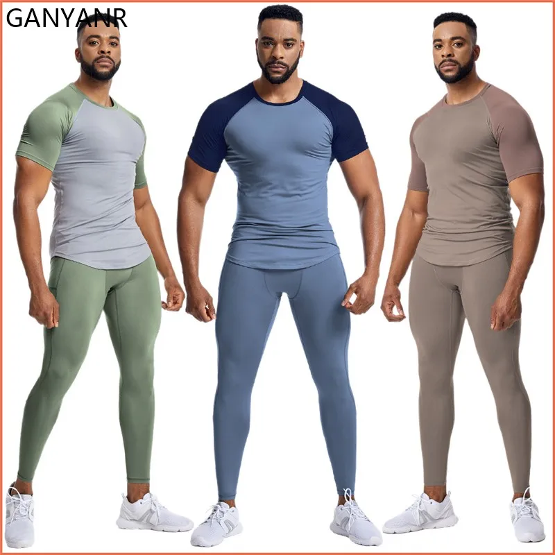 GANYANR Running Suit Men Sports set Clothing T-shirt Sweatshirt gym Football basketball Soccer Sweatpants fitness Tracksuit yoga