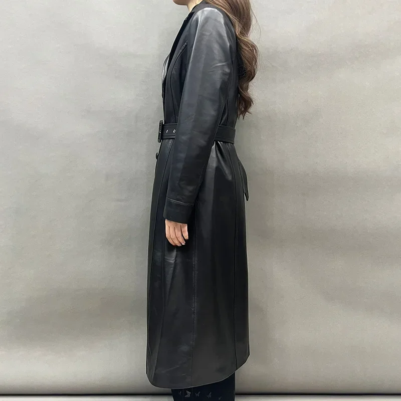 Women's Classic Real Leather Trench Coat Lady Fashion Long Coat Genuine Sheepskin Outerwear