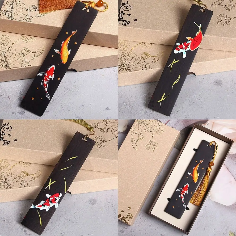 Chinese Style Bookmark Retro Carving Wooden Book Clip Ebony Tassel Pendant Pagination Mark Students Stationery Supplies