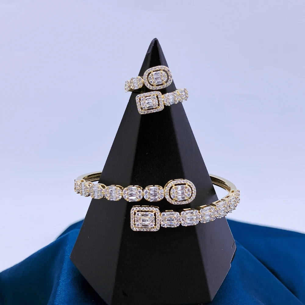 InJewelife Trendy Cubic Zircon Shell Bangles Bracelets with Ring Luxury Jewelry Set for Women Gold Plated Bracelet Jewellery