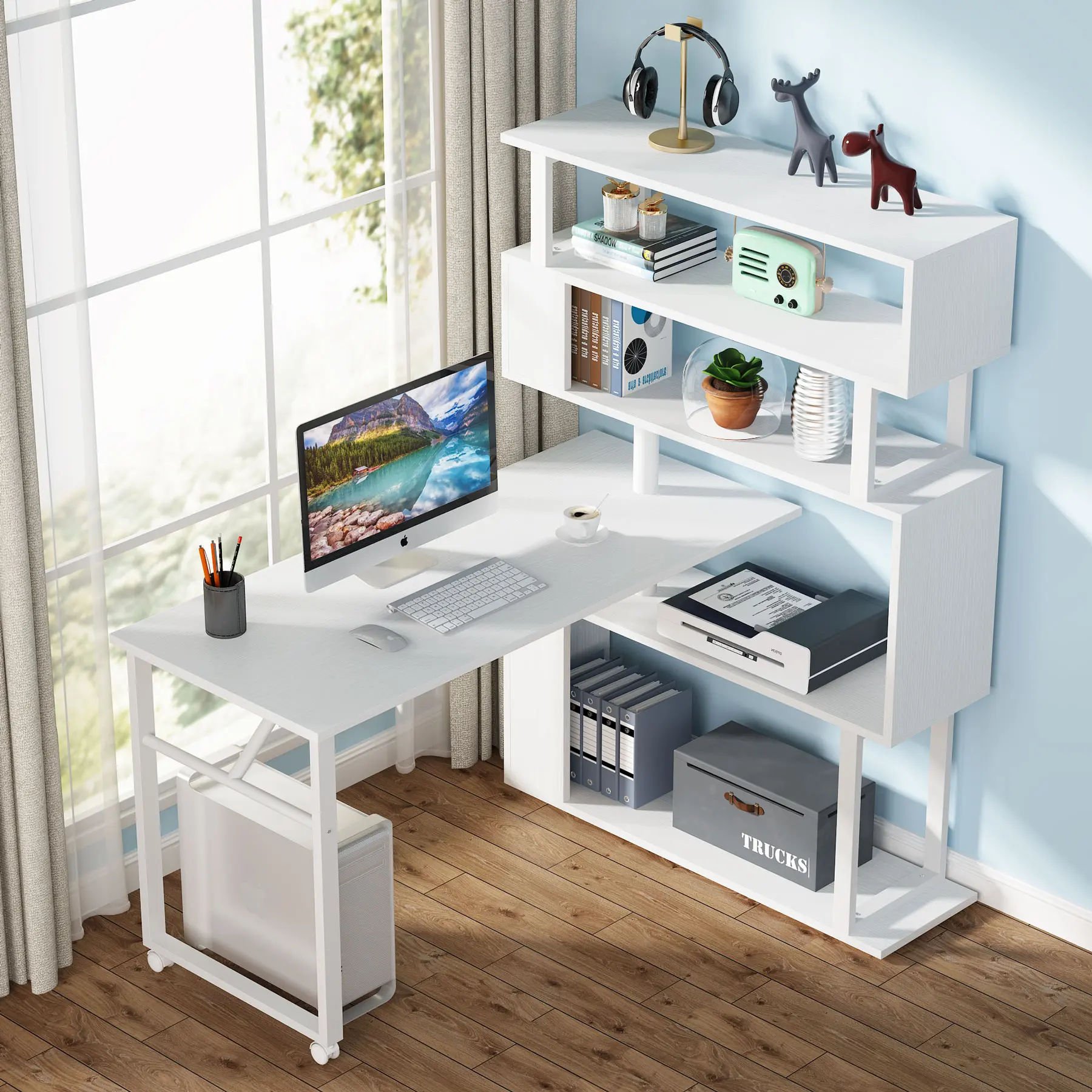 Tribesigns Rotating Computer Desk with 5 Shelves Bookshelf, Modern L-Shaped Corner Desk with Storage