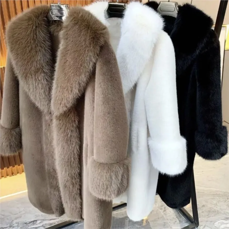 

New plush mixed fur coat with thickened collar warm and long outerwear for women