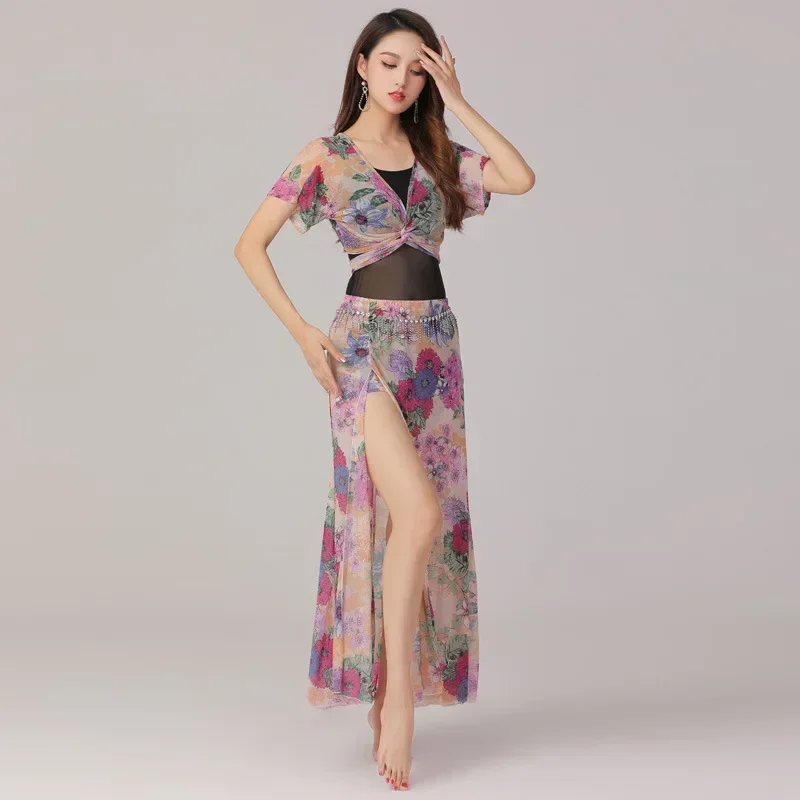 طقم فستان شاش للتدريب على الرقص الشرقي ، تنورة أداء شرقية ، تنورة شق ، مقاس كبير ، جديد